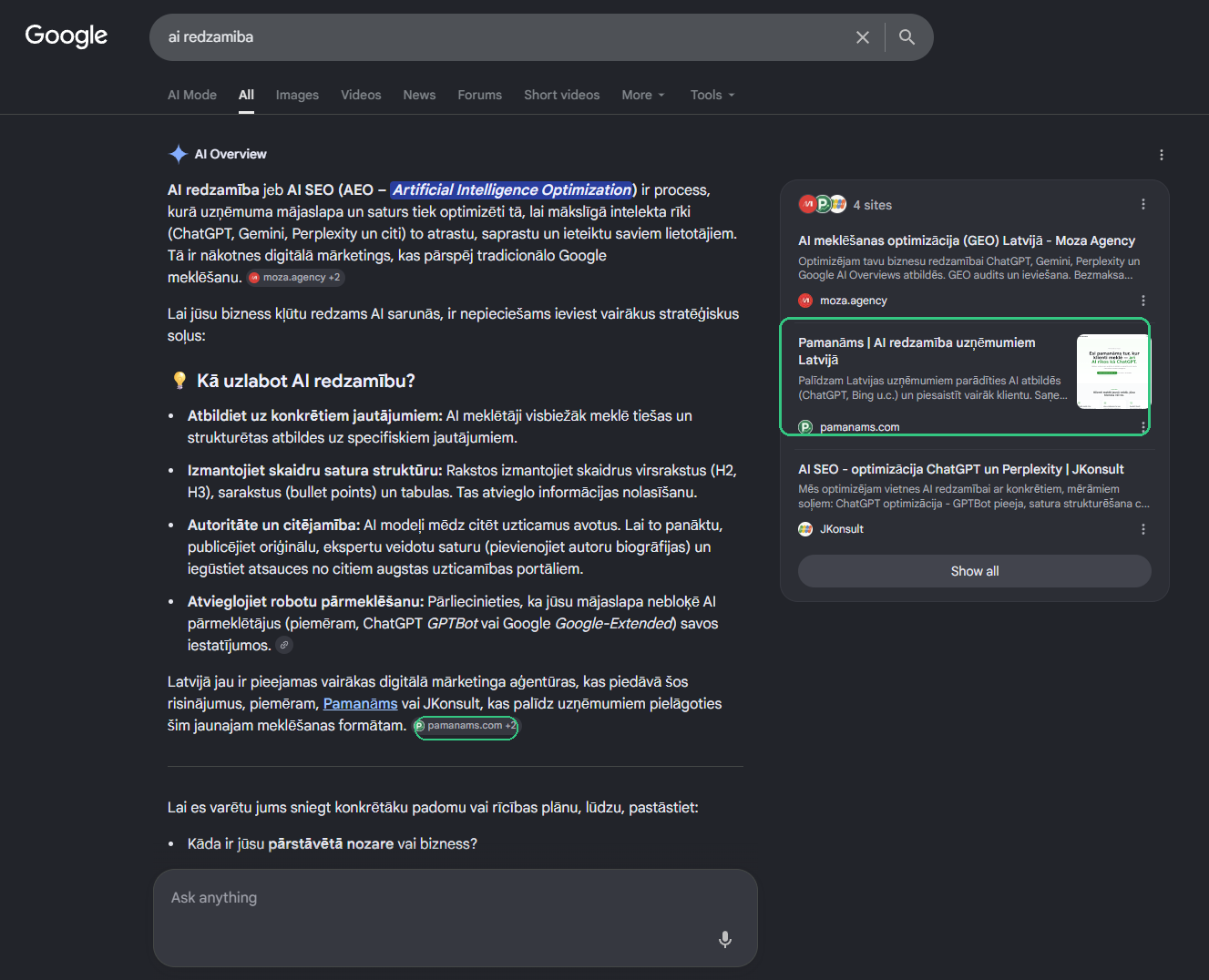 Google AI Overview rezultāts, kurā kā viens no avotiem tiek izmantots Pamanāms